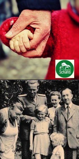 Oude familiefoto en foto kinderhandje in grote hand